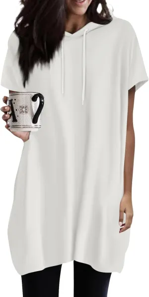 Women's Casual Summer Hoodies Short Sleeve Drawstring Hoodies Tops Front Pullover T-Shirts Tops