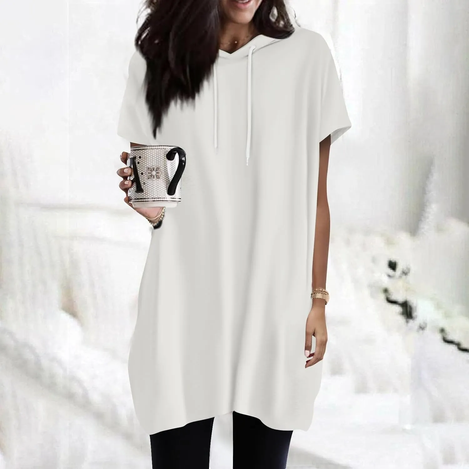 Women's Casual Summer Hoodies Short Sleeve Drawstring Hoodies Tops Front Pullover T-Shirts Tops