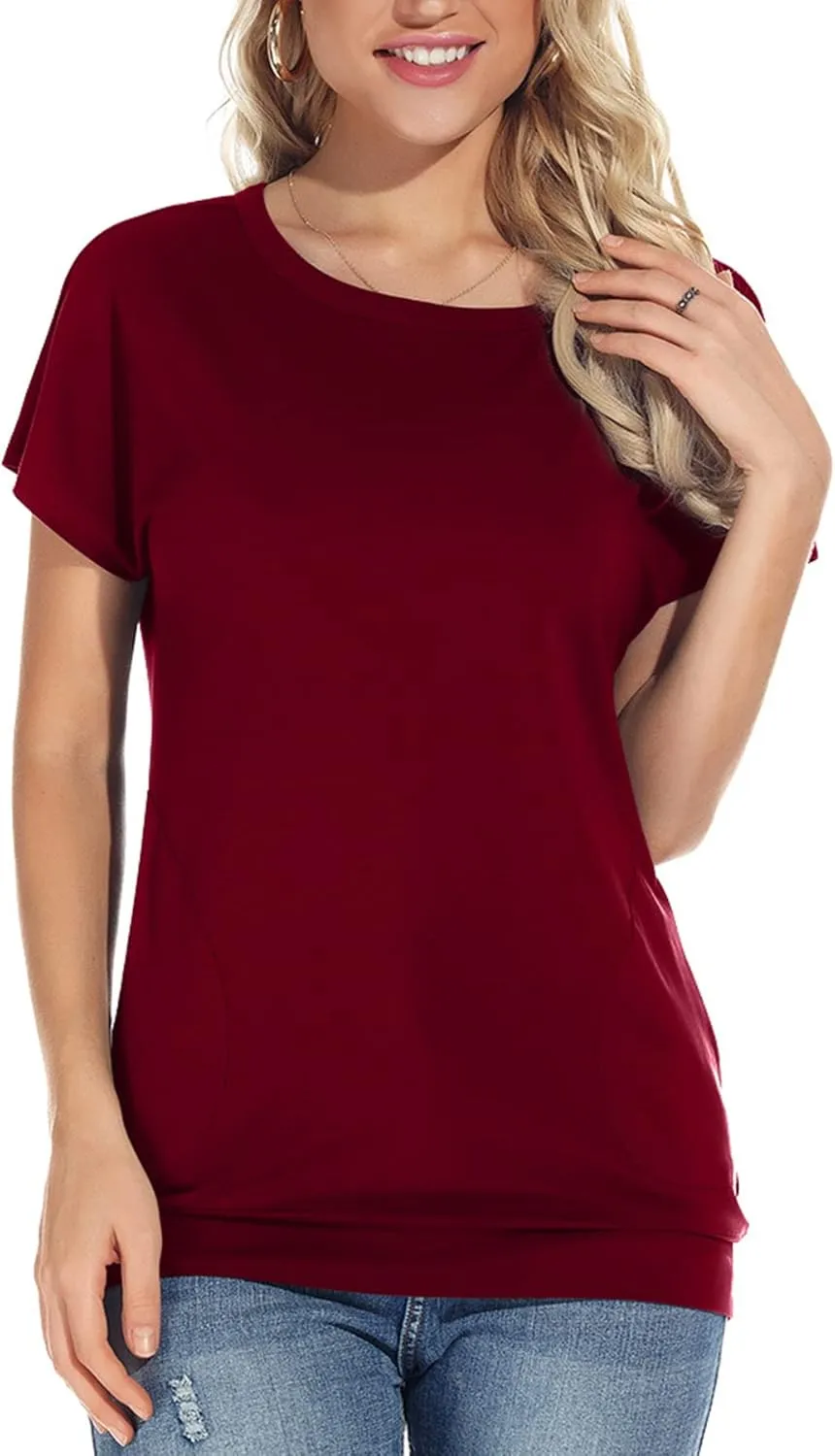 Womens Casual Summer T Shirts Crew Neck Short Sleeve Tunic Tops Loose Fit Blouses with Pockets