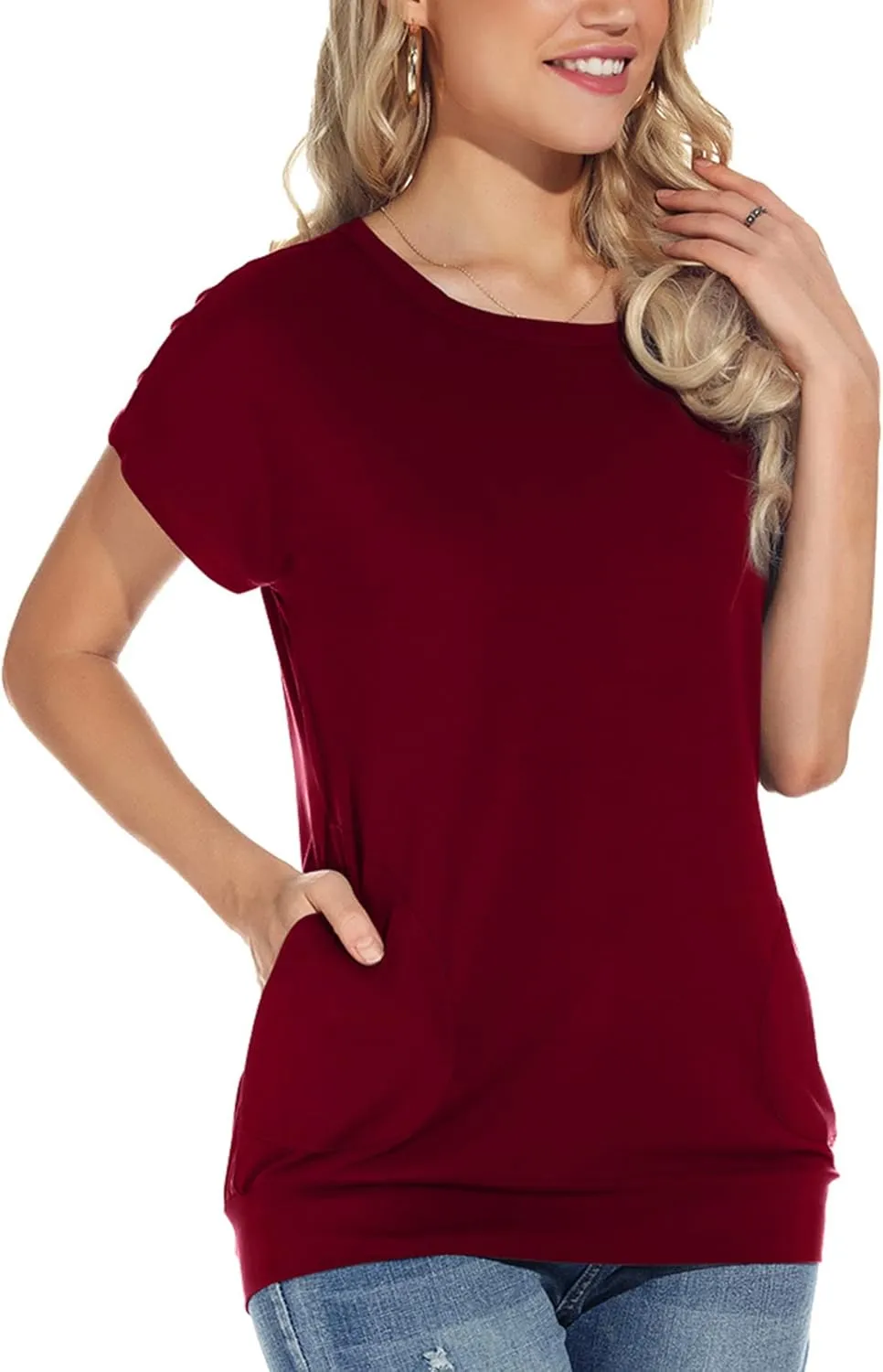 Womens Casual Summer T Shirts Crew Neck Short Sleeve Tunic Tops Loose Fit Blouses with Pockets