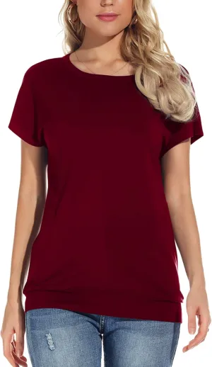 Womens Casual Summer T Shirts Crew Neck Short Sleeve Tunic Tops Loose Fit Blouses with Pockets