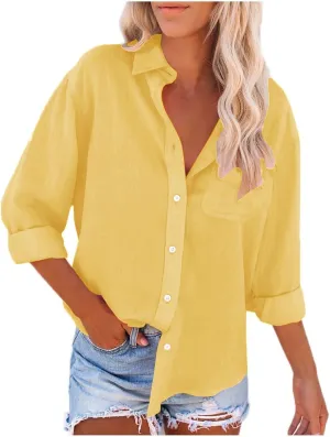Womens Cotton Linen Shirts with Pockets Long Sleeve Button Down Oversized Tshirts Ladies Vacation Beach Work Tops