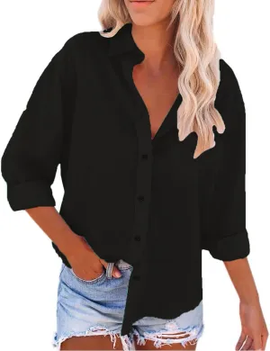 Womens Cotton Linen Shirts with Pockets Long Sleeve Button Down Oversized Tshirts Ladies Vacation Beach Work Tops