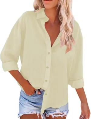 Womens Cotton Linen Shirts with Pockets Long Sleeve Button Down Oversized Tshirts Ladies Vacation Beach Work Tops