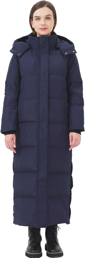 Women's Extra Long Thickened Down Jacket with Thermal Lining,Full Length Winter Puffer Down Coat with Hem Slit