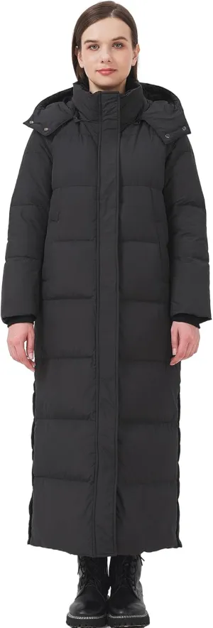 Women's Extra Long Thickened Down Jacket with Thermal Lining,Full Length Winter Puffer Down Coat with Hem Slit