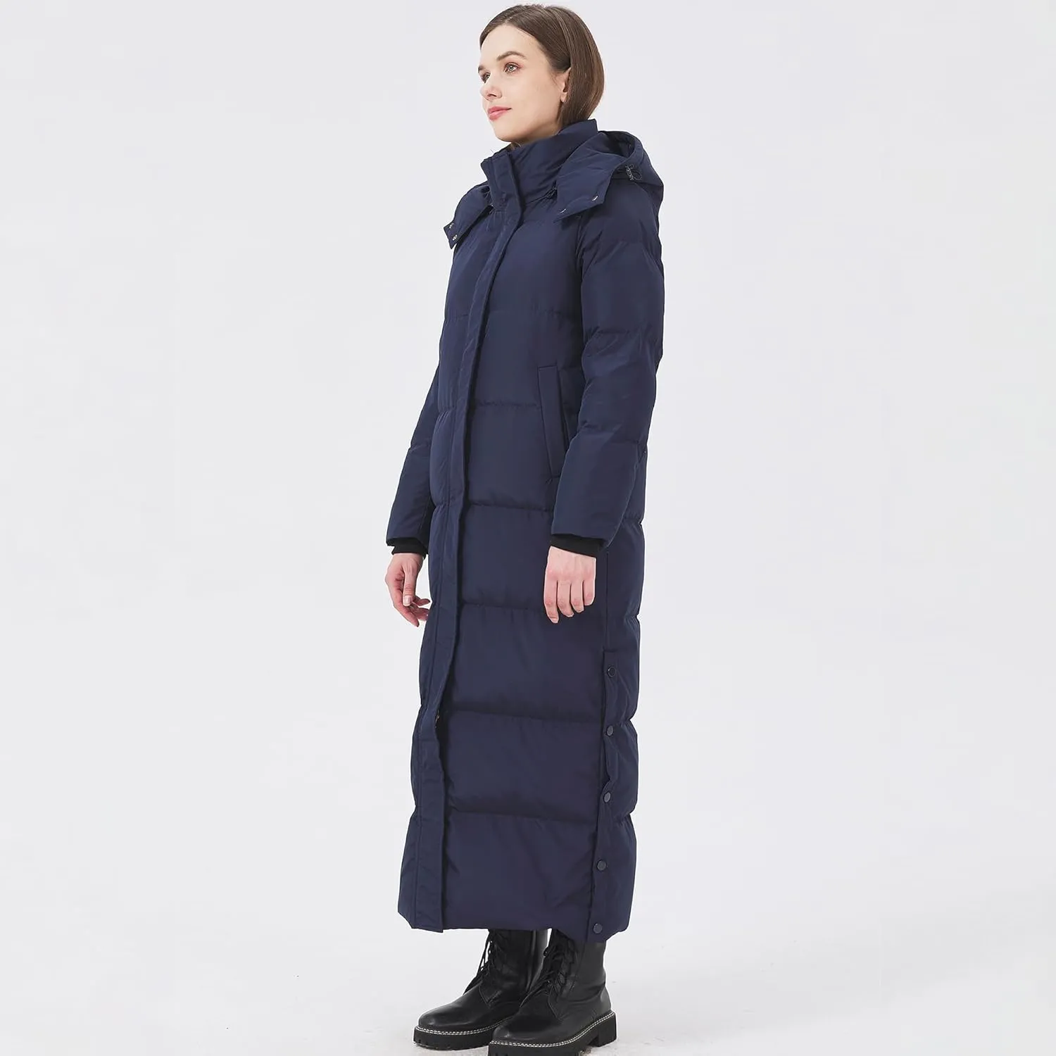 Women's Extra Long Thickened Down Jacket with Thermal Lining,Full Length Winter Puffer Down Coat with Hem Slit