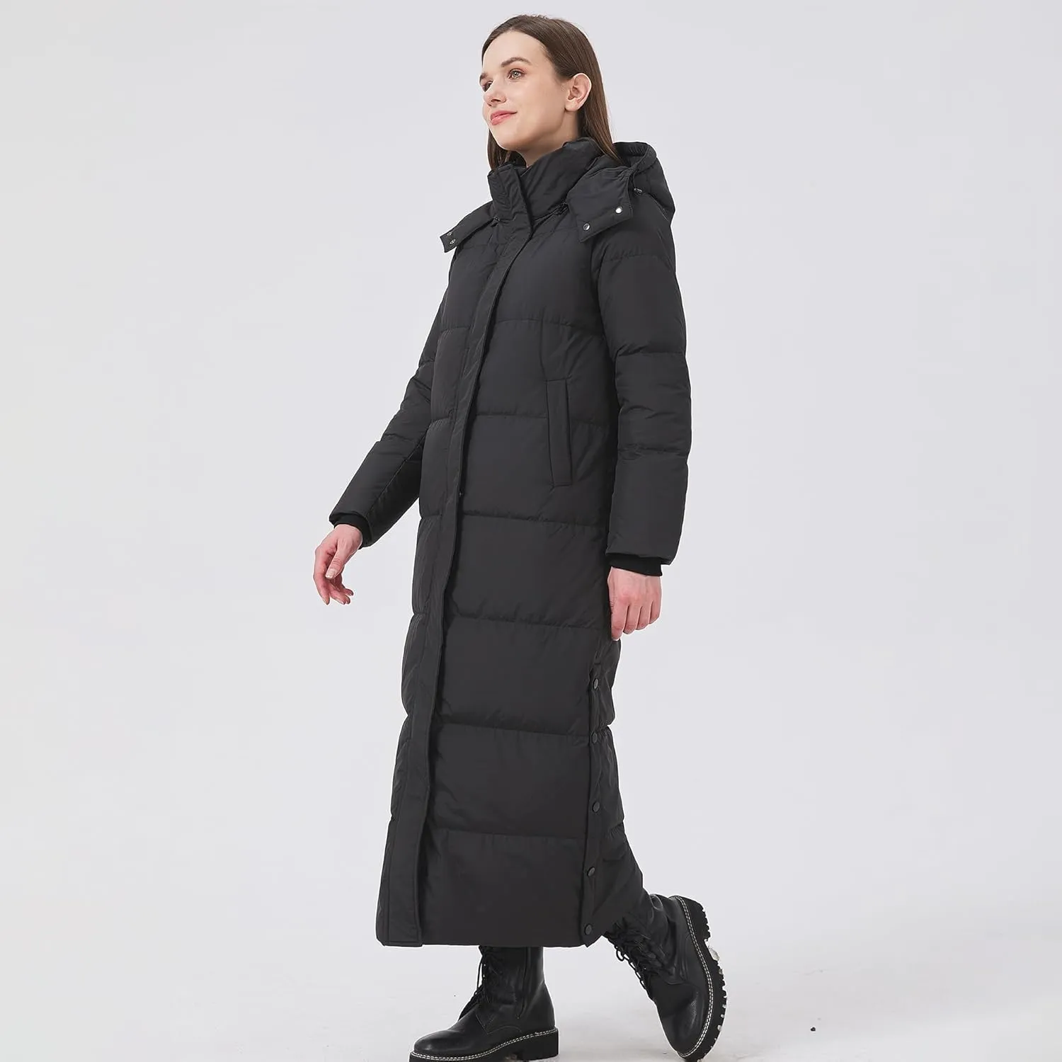 Women's Extra Long Thickened Down Jacket with Thermal Lining,Full Length Winter Puffer Down Coat with Hem Slit
