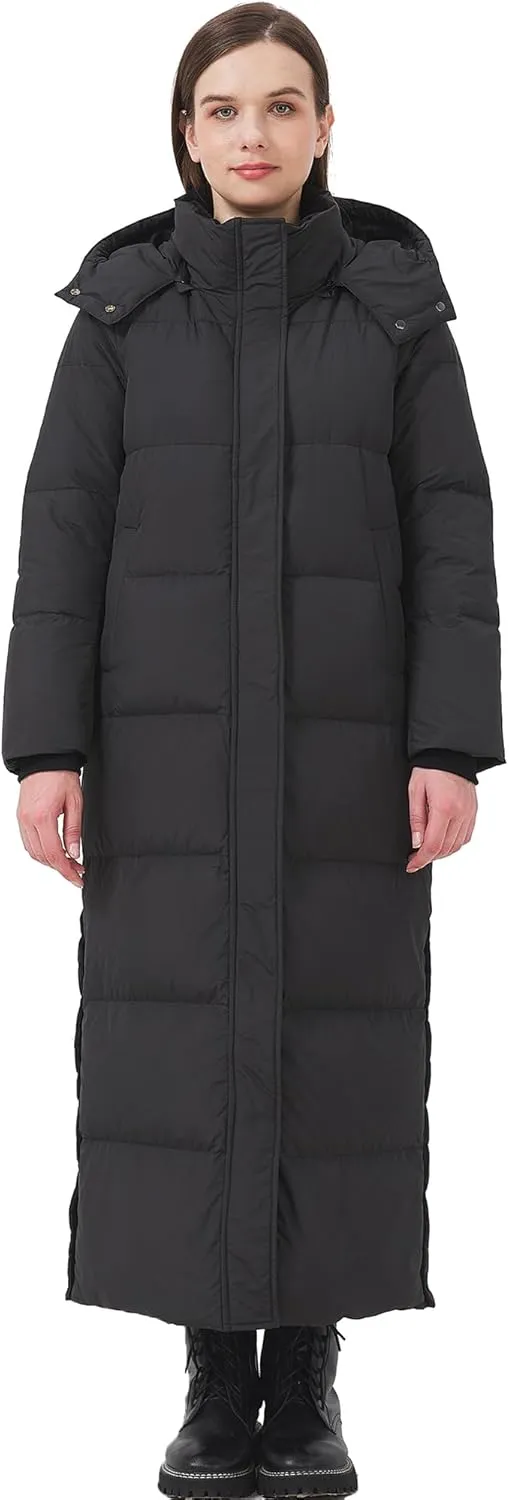 Women's Extra Long Thickened Down Jacket with Thermal Lining,Full Length Winter Puffer Down Coat with Hem Slit
