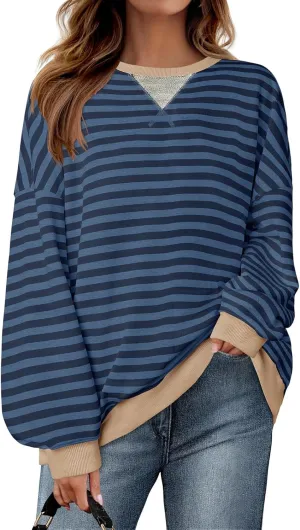Women's Fall Striped Oversized Sweatshirt Long Sleeve Crewneck Hoodies Shirts Pullover Top 2024 Trendy Preppy Clothes