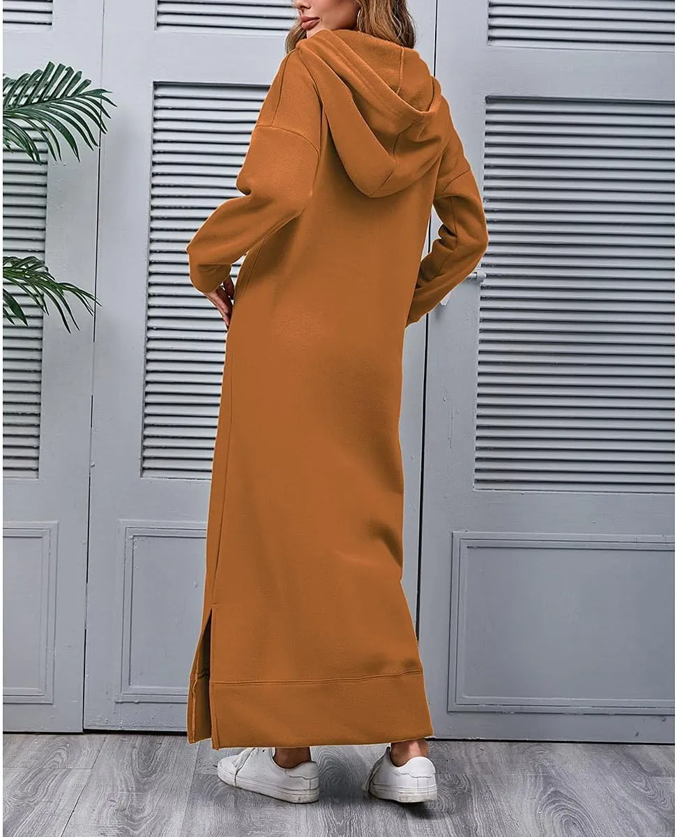 Women's Fall Winter Long Hoodie Dress Hooded Long Sleeve Drawstring Split Hem Maxi Pullover Sweatshirt Dress