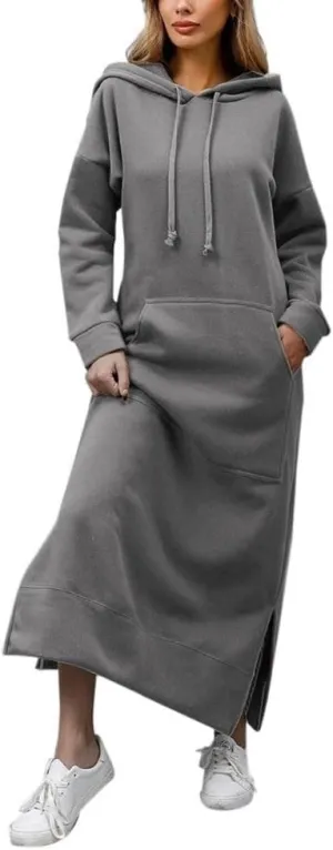 Women's Fall Winter Long Hoodie Dress Hooded Long Sleeve Drawstring Split Hem Maxi Pullover Sweatshirt Dress