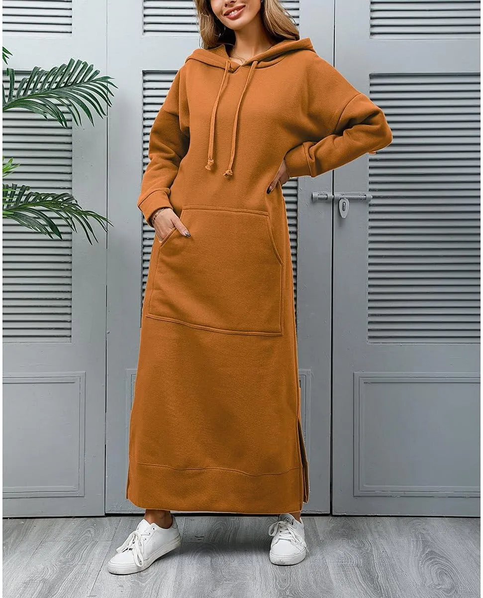 Women's Fall Winter Long Hoodie Dress Hooded Long Sleeve Drawstring Split Hem Maxi Pullover Sweatshirt Dress