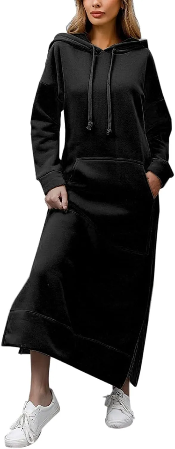 Women's Fall Winter Long Hoodie Dress Hooded Long Sleeve Drawstring Split Hem Maxi Pullover Sweatshirt Dress