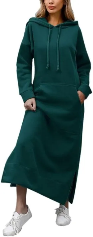 Women's Fall Winter Long Hoodie Dress Hooded Long Sleeve Drawstring Split Hem Maxi Pullover Sweatshirt Dress