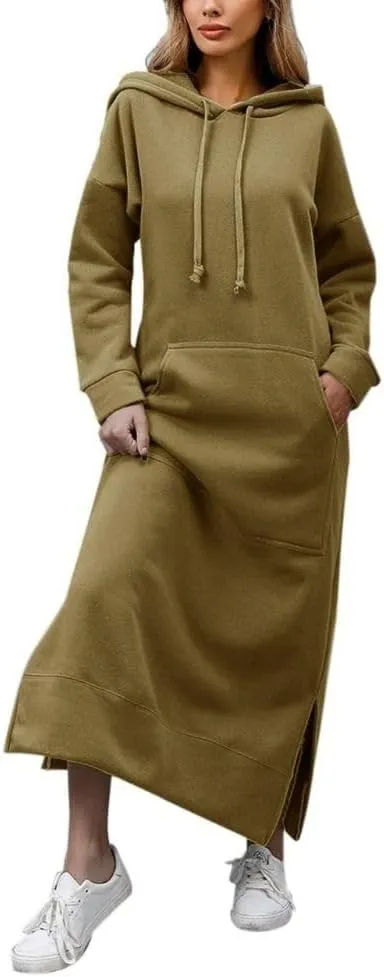 Women's Fall Winter Long Hoodie Dress Hooded Long Sleeve Drawstring Split Hem Maxi Pullover Sweatshirt Dress