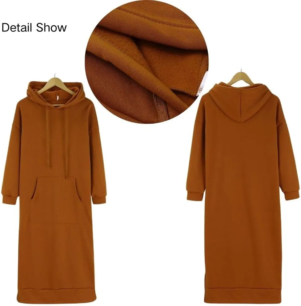 Women's Fall Winter Long Hoodie Dress Hooded Long Sleeve Drawstring Split Hem Maxi Pullover Sweatshirt Dress