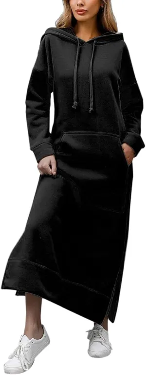 Women's Fall Winter Long Hoodie Dress Hooded Long Sleeve Drawstring Split Hem Maxi Pullover Sweatshirt Dress