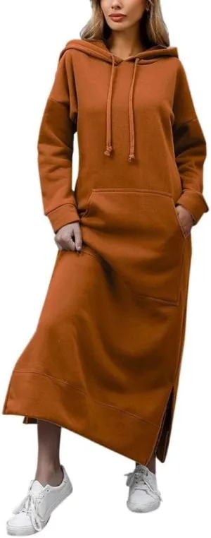 Women's Fall Winter Long Hoodie Dress Hooded Long Sleeve Drawstring Split Hem Maxi Pullover Sweatshirt Dress