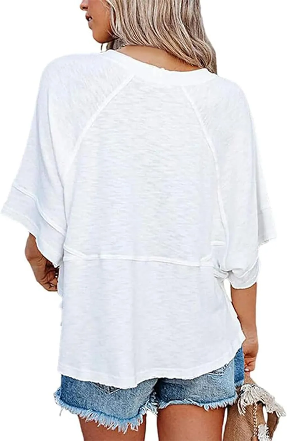 Womens Fashion T-Shirt Crewneck 3/4 Sleeves Solid Color Loose Basic Tops Summer Casual Tees Blouses