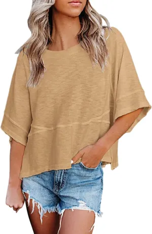 Womens Fashion T-Shirt Crewneck 3/4 Sleeves Solid Color Loose Basic Tops Summer Casual Tees Blouses