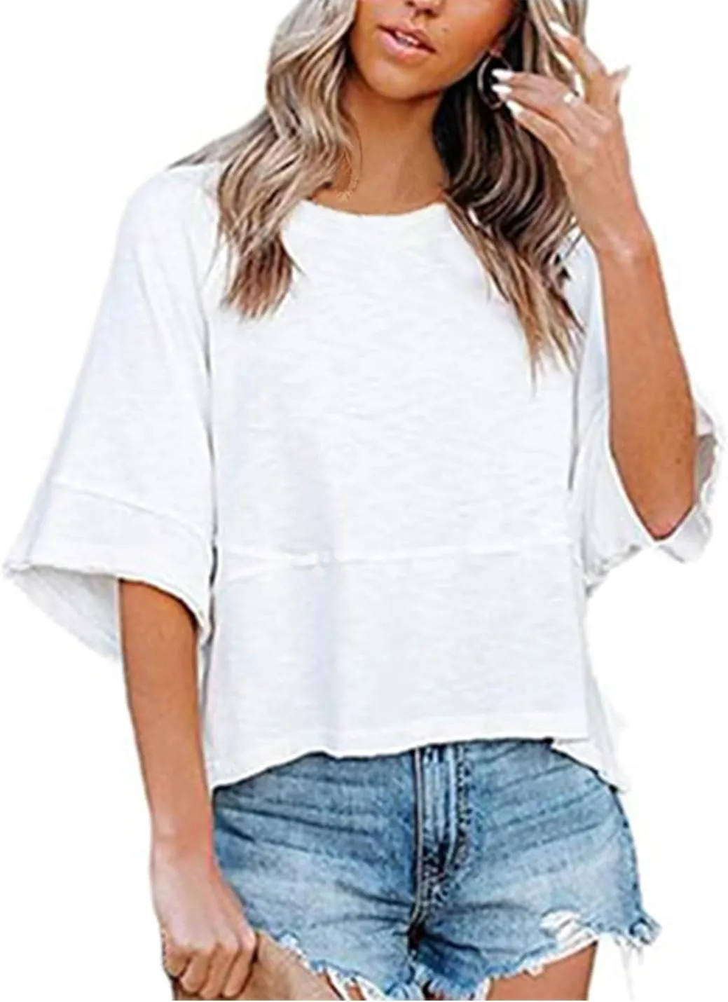 Womens Fashion T-Shirt Crewneck 3/4 Sleeves Solid Color Loose Basic Tops Summer Casual Tees Blouses