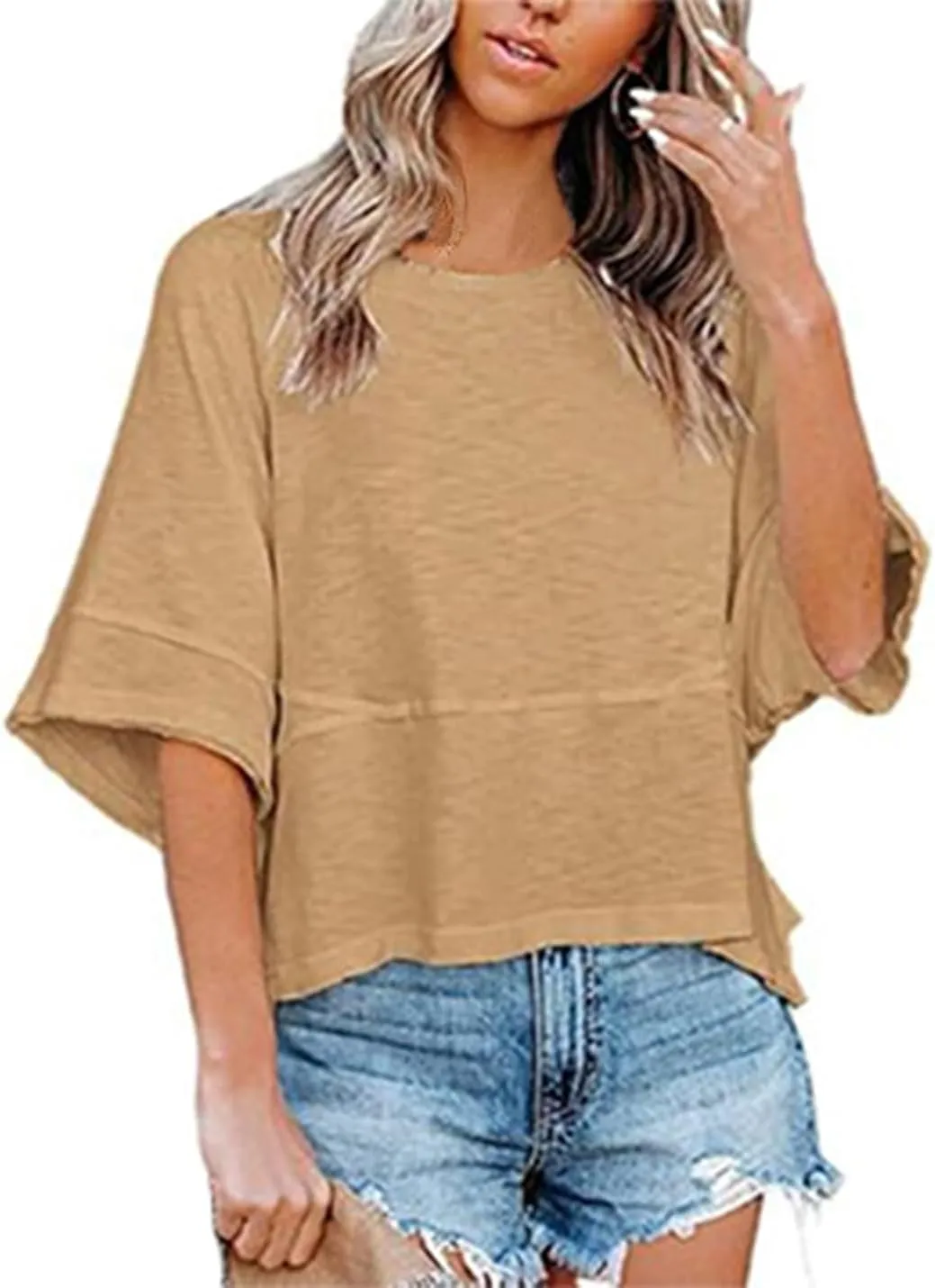 Womens Fashion T-Shirt Crewneck 3/4 Sleeves Solid Color Loose Basic Tops Summer Casual Tees Blouses
