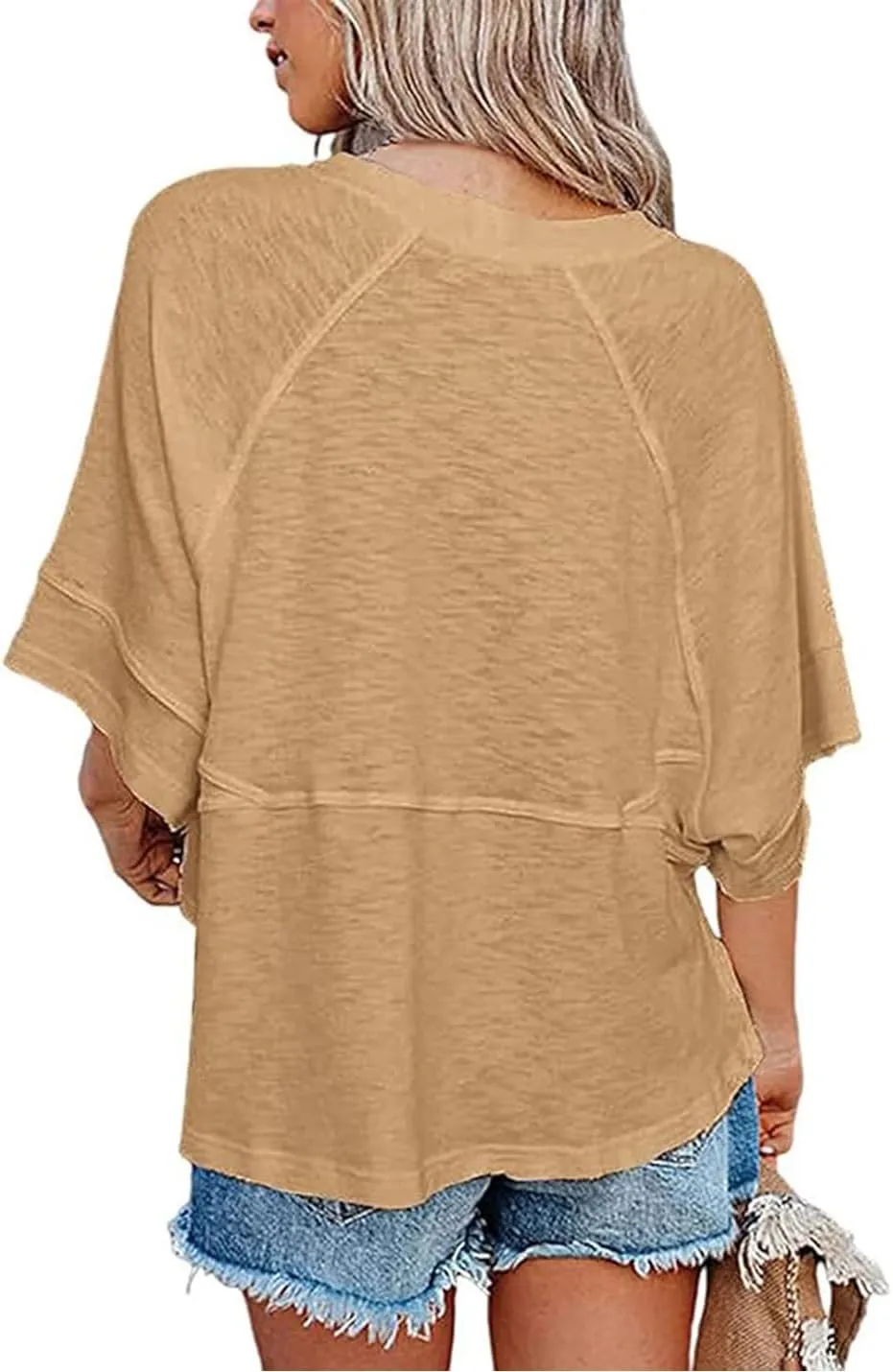 Womens Fashion T-Shirt Crewneck 3/4 Sleeves Solid Color Loose Basic Tops Summer Casual Tees Blouses
