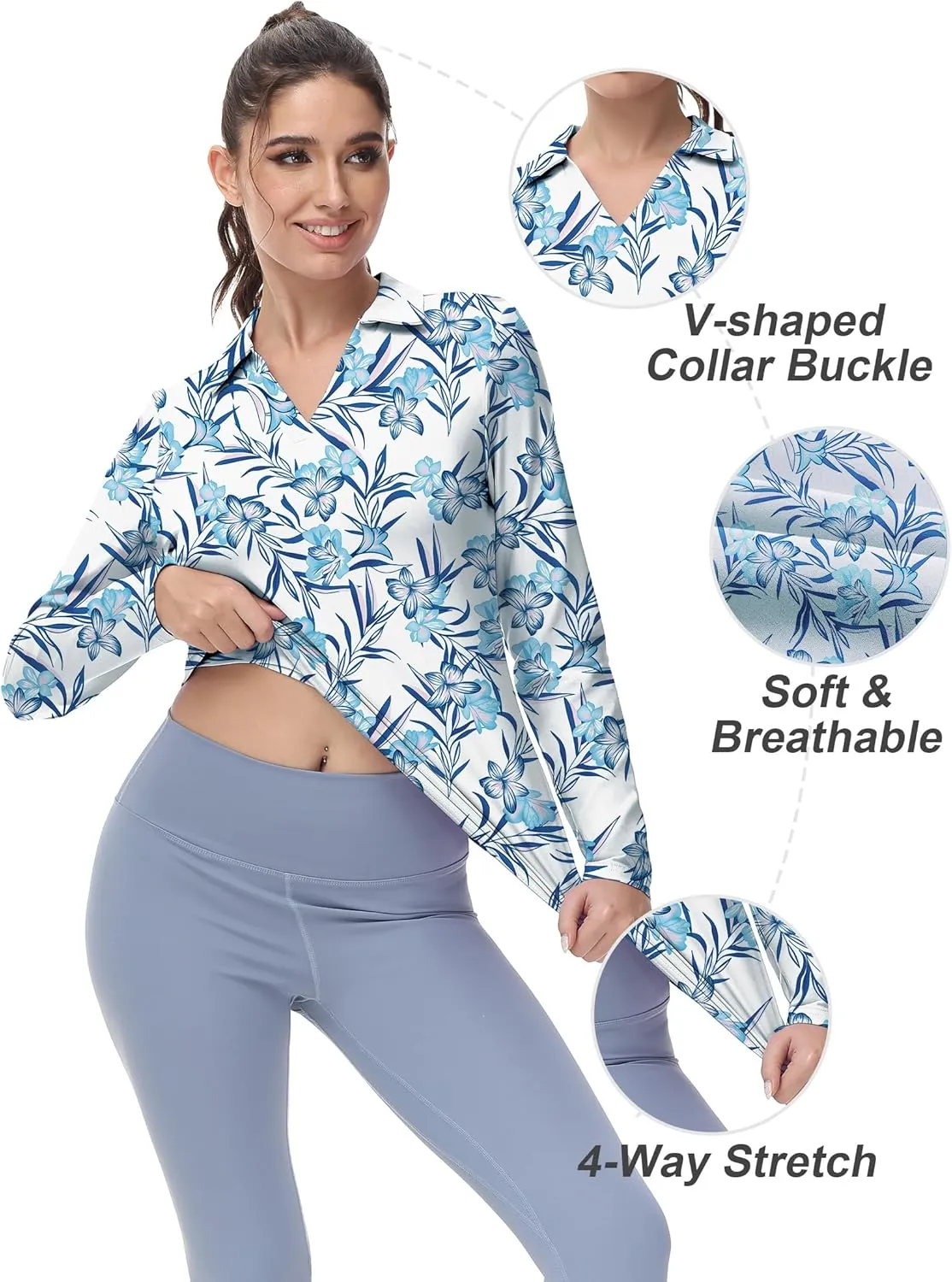 Women's Golf Polo Shirts Long Sleeve Workout Tops V Neck UPF 50  Sun Protection Quick Dry Lightweight Active Shirts