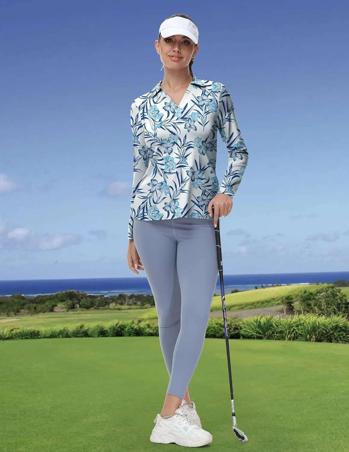 Women's Golf Polo Shirts Long Sleeve Workout Tops V Neck UPF 50  Sun Protection Quick Dry Lightweight Active Shirts
