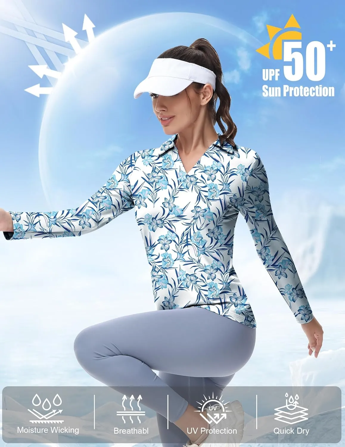 Women's Golf Polo Shirts Long Sleeve Workout Tops V Neck UPF 50  Sun Protection Quick Dry Lightweight Active Shirts