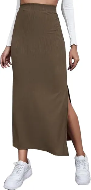 Women's High Waisted Elastic Knit Ribbed Plus Size Skirt Bodycon Side Slit Pencil Casual Long Maxi Skirts