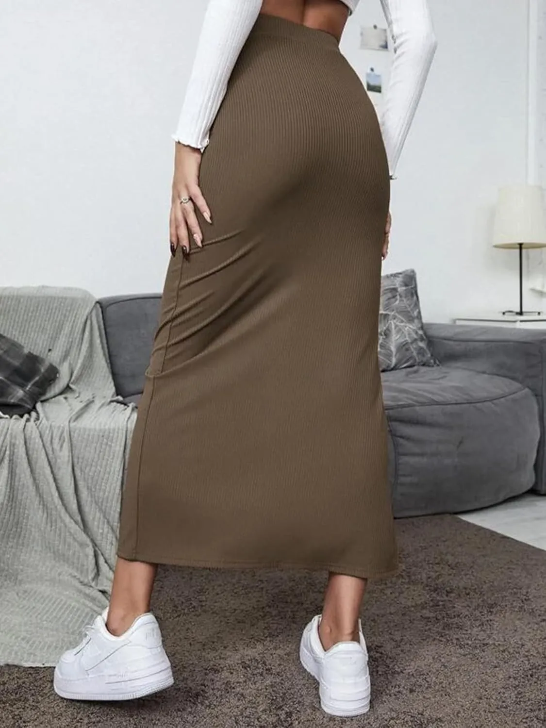 Women's High Waisted Elastic Knit Ribbed Plus Size Skirt Bodycon Side Slit Pencil Casual Long Maxi Skirts
