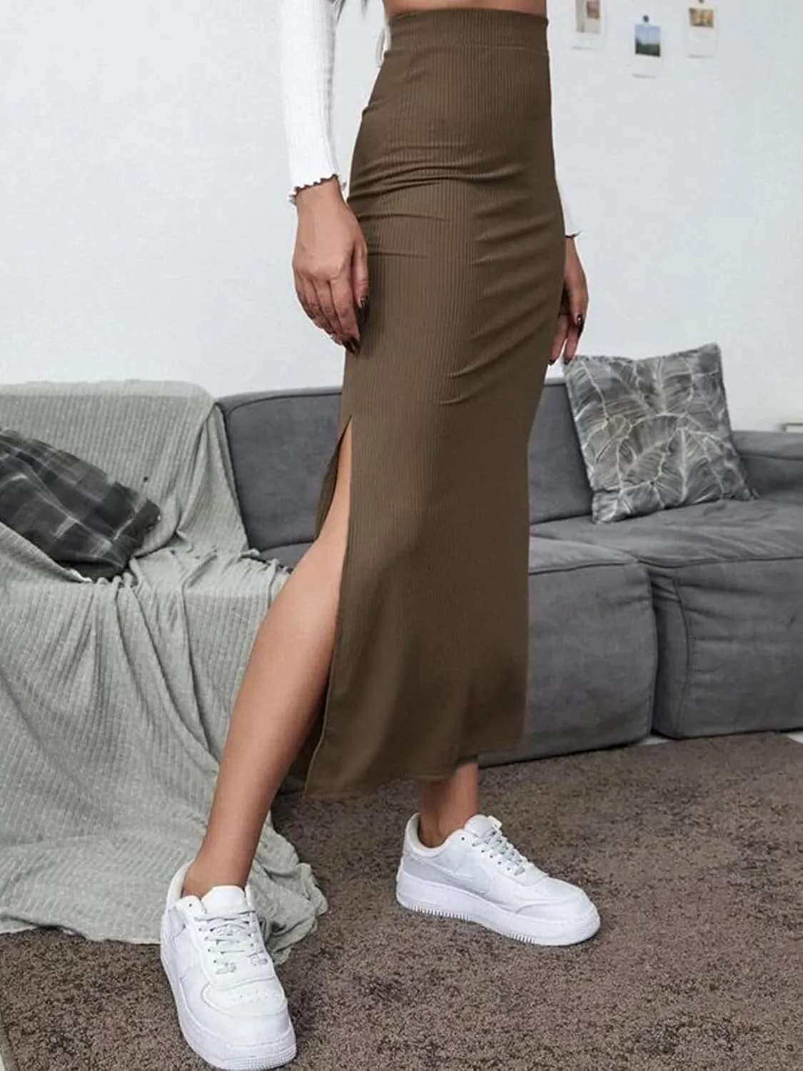 Women's High Waisted Elastic Knit Ribbed Plus Size Skirt Bodycon Side Slit Pencil Casual Long Maxi Skirts