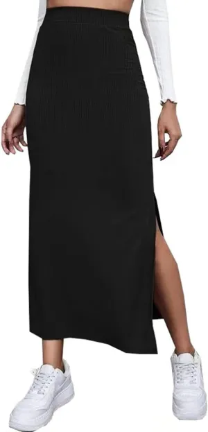 Women's High Waisted Elastic Knit Ribbed Plus Size Skirt Bodycon Side Slit Pencil Casual Long Maxi Skirts