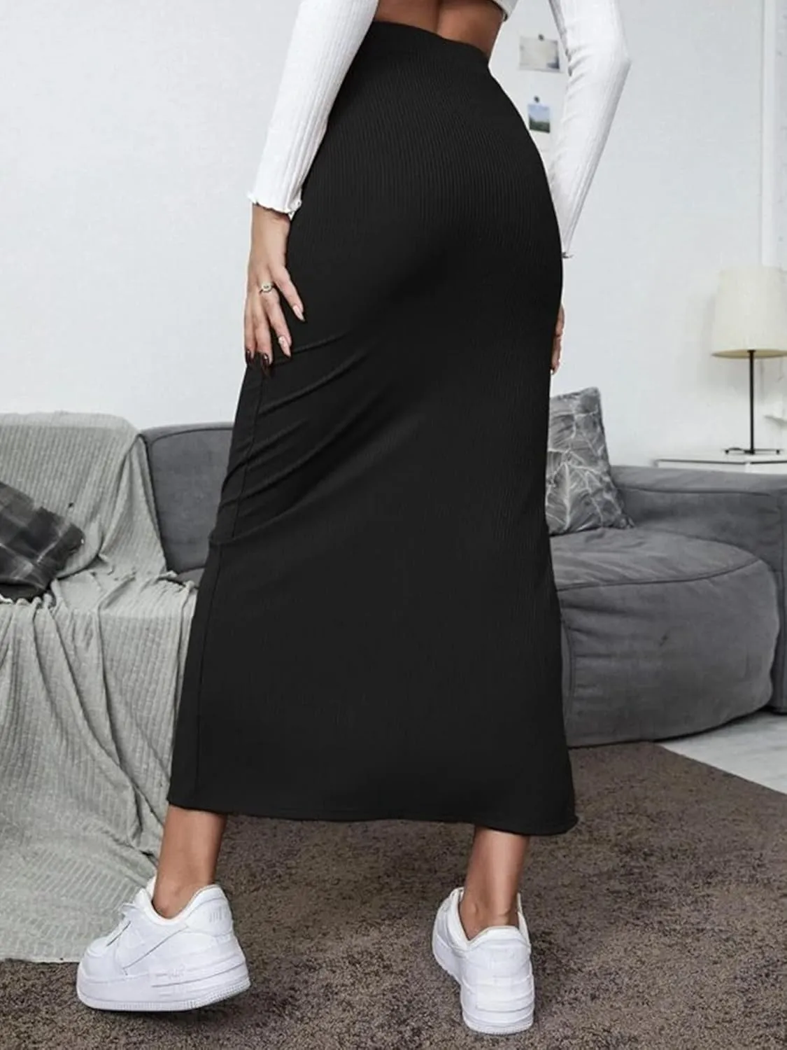 Women's High Waisted Elastic Knit Ribbed Plus Size Skirt Bodycon Side Slit Pencil Casual Long Maxi Skirts