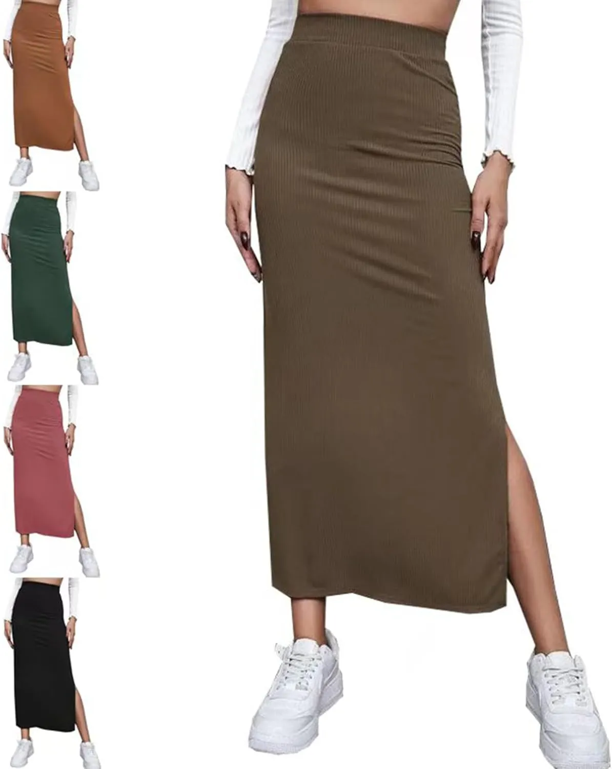 Women's High Waisted Elastic Knit Ribbed Plus Size Skirt Bodycon Side Slit Pencil Casual Long Maxi Skirts