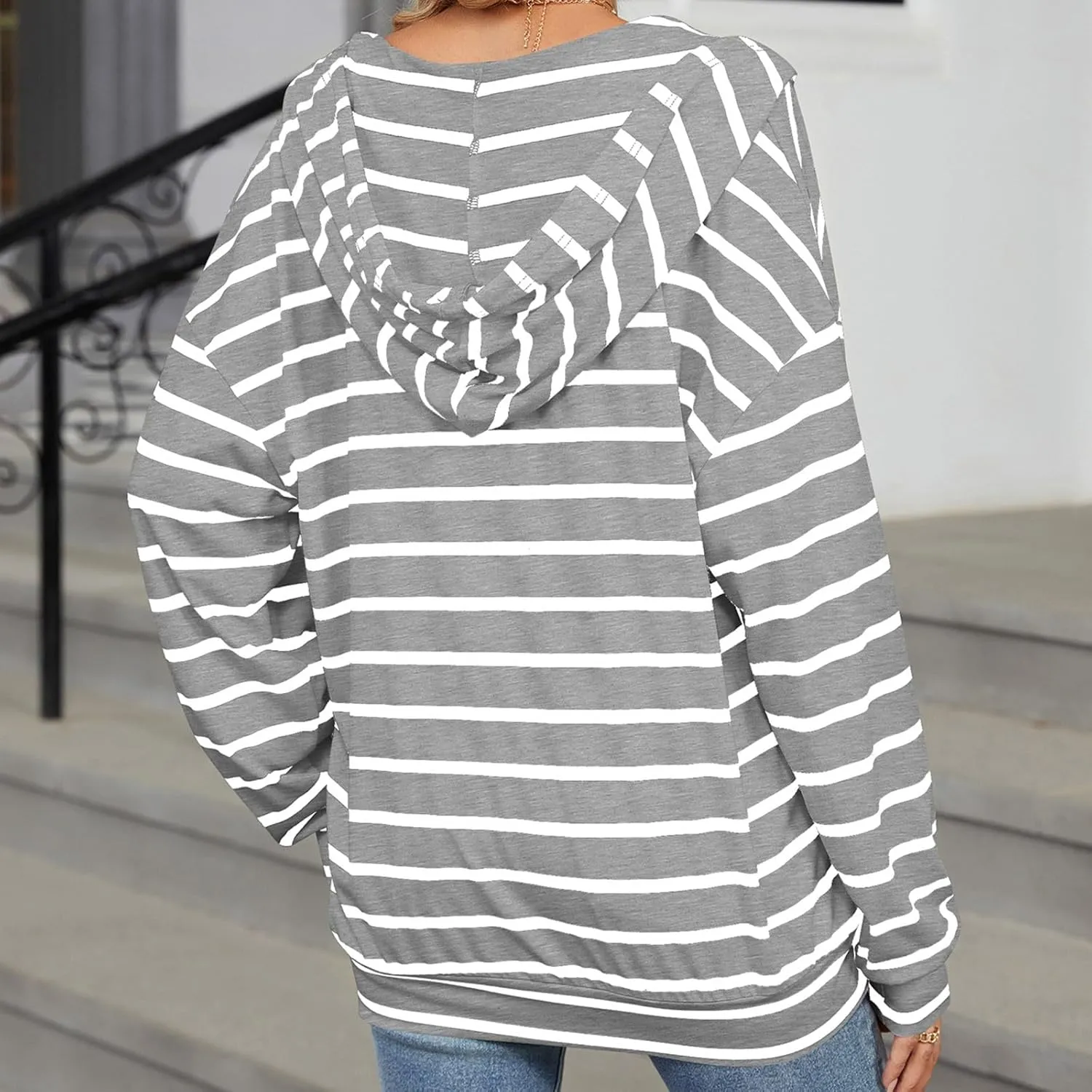 WomenS Hoodie Striped Color Block Long Sleeve V Neck Sweatshirts Casual Loose Drawstring Pullover Fall Tops
