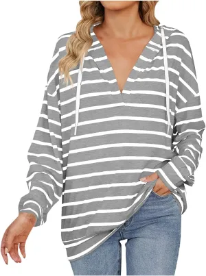 WomenS Hoodie Striped Color Block Long Sleeve V Neck Sweatshirts Casual Loose Drawstring Pullover Fall Tops