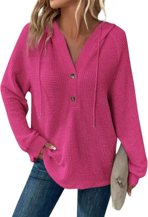 Womens Hoodies Waffle Knit Drawstring Long Sleeve Pullover Casual V Neck Oversized Button Up Sweatshirt Tops