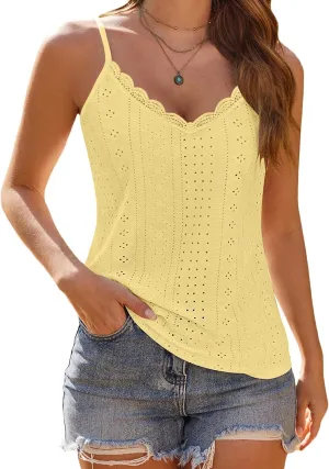 Womens Lace Camisole Tops V Neck Spaghetti Strap Cute Top Sleeveless Blouses Loose Fit Eyelet Tops for Women