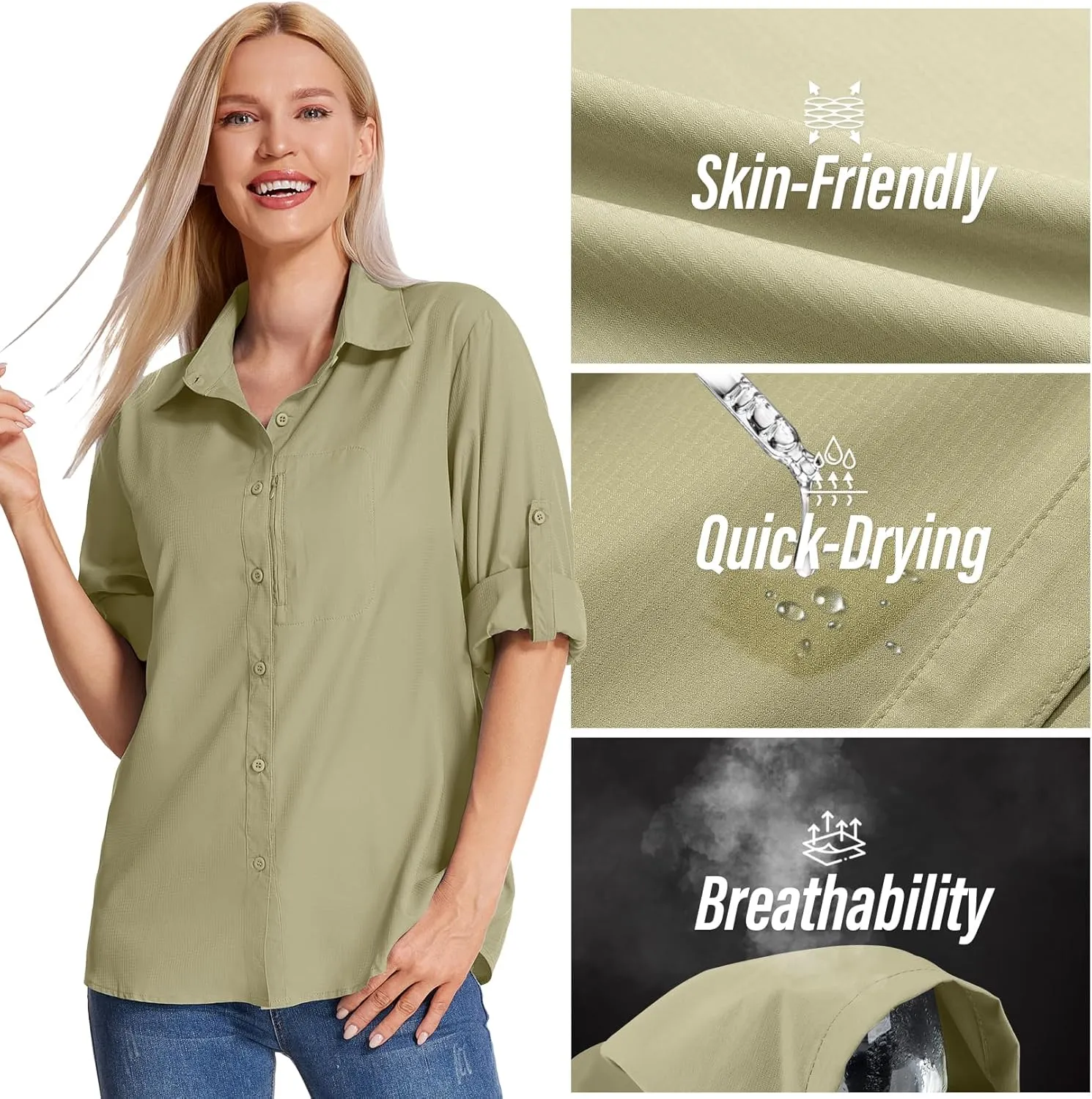 Women's Long Sleeve Safari Clothes UPF 50  Hiking Fishing Shirts,Sun Protection Quick Dry Light Cooling Shirts