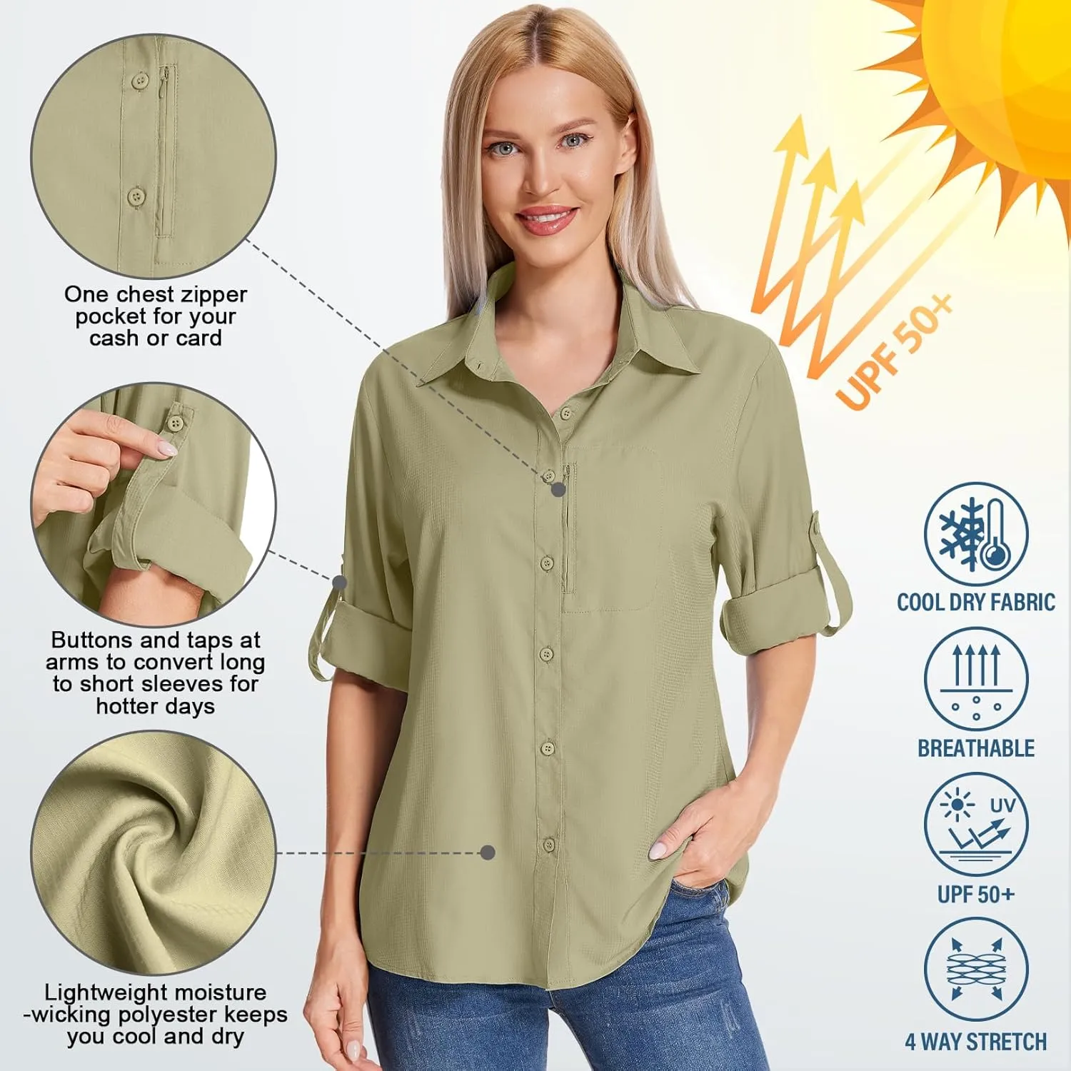 Women's Long Sleeve Safari Clothes UPF 50  Hiking Fishing Shirts,Sun Protection Quick Dry Light Cooling Shirts