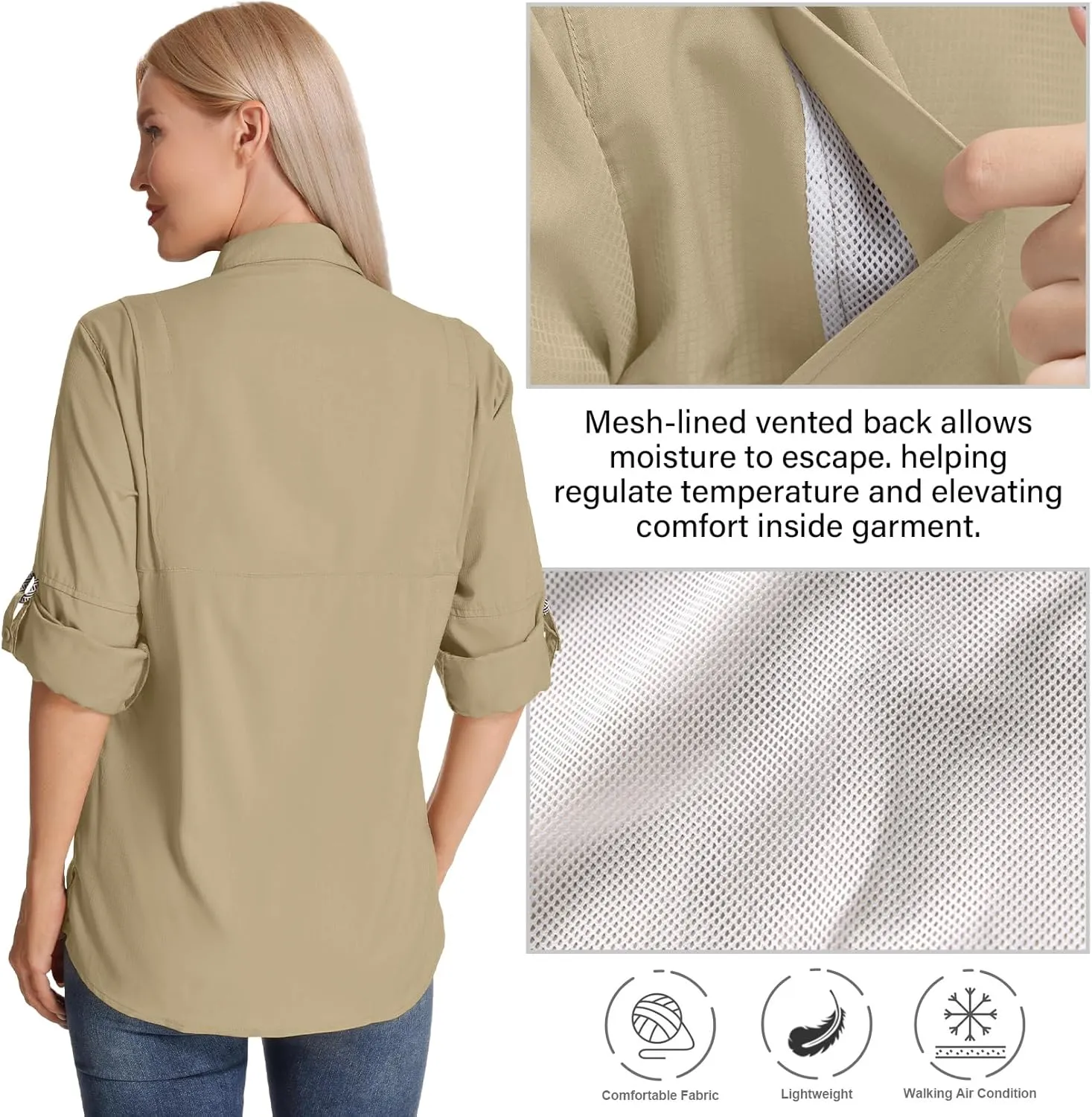 Womens Long Sleeve Sun Protection Hiking Fishing Shirts UPF 50  UV Lightweight Quick-Dry Safari Shirts Womens Outdoor