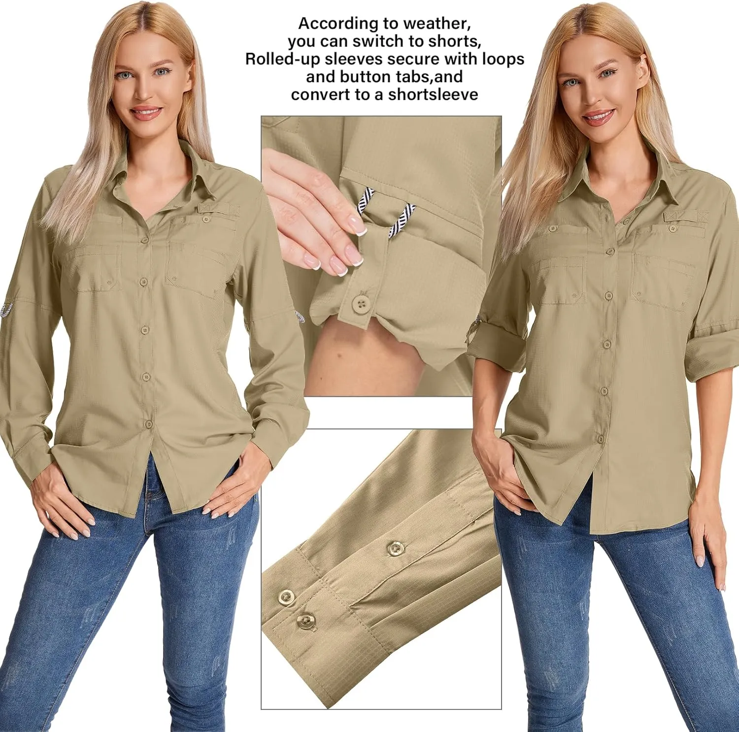 Womens Long Sleeve Sun Protection Hiking Fishing Shirts UPF 50  UV Lightweight Quick-Dry Safari Shirts Womens Outdoor