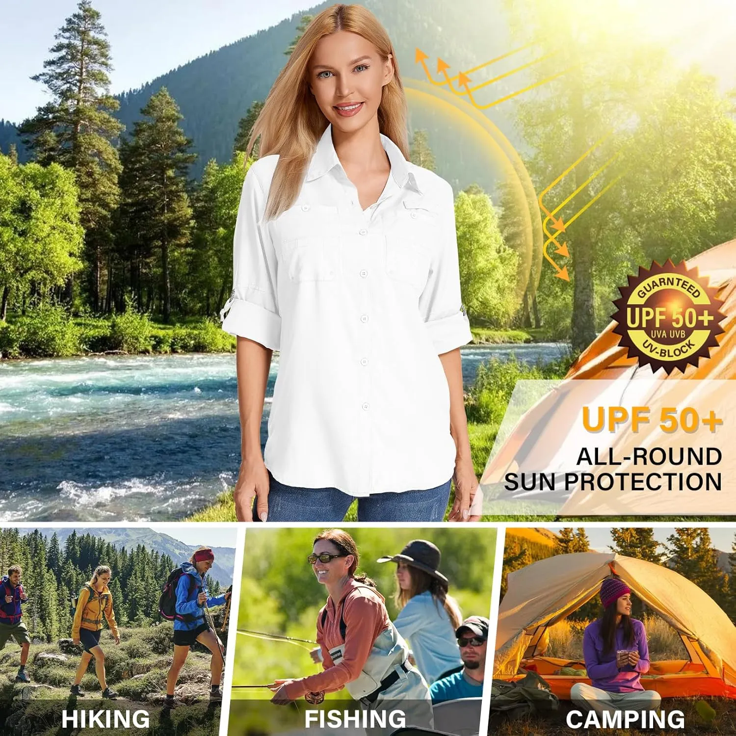 Womens Long Sleeve Sun Protection Hiking Fishing Shirts UPF 50  UV Lightweight Quick-Dry Safari Shirts Womens Outdoor