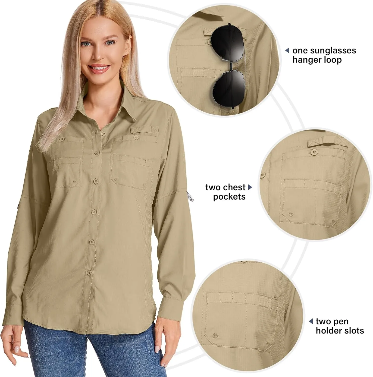 Womens Long Sleeve Sun Protection Hiking Fishing Shirts UPF 50  UV Lightweight Quick-Dry Safari Shirts Womens Outdoor