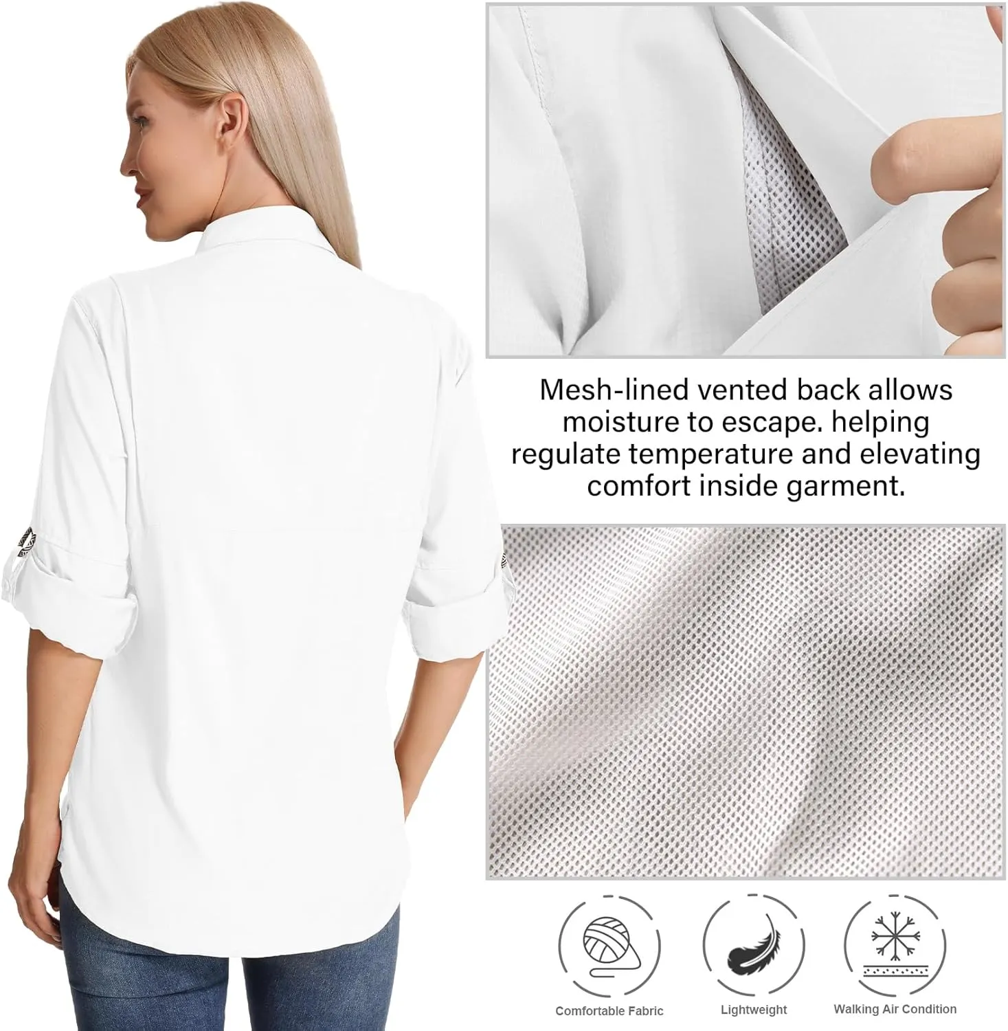 Womens Long Sleeve Sun Protection Hiking Fishing Shirts UPF 50  UV Lightweight Quick-Dry Safari Shirts Womens Outdoor