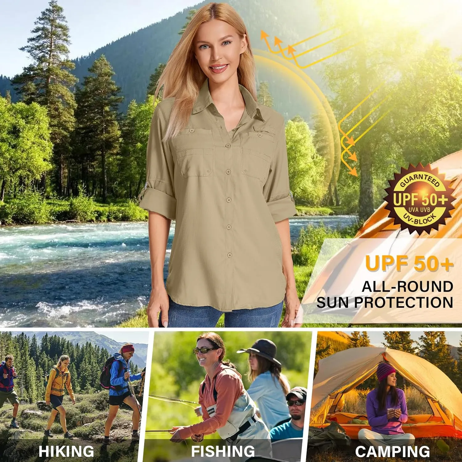 Womens Long Sleeve Sun Protection Hiking Fishing Shirts UPF 50  UV Lightweight Quick-Dry Safari Shirts Womens Outdoor