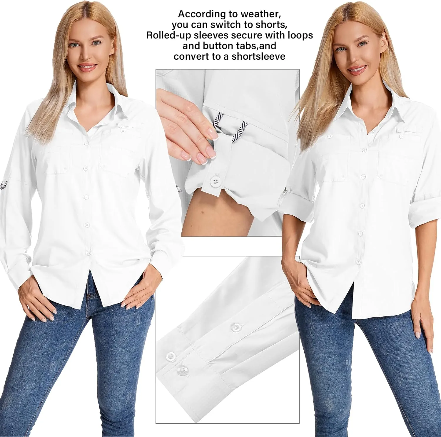 Womens Long Sleeve Sun Protection Hiking Fishing Shirts UPF 50  UV Lightweight Quick-Dry Safari Shirts Womens Outdoor